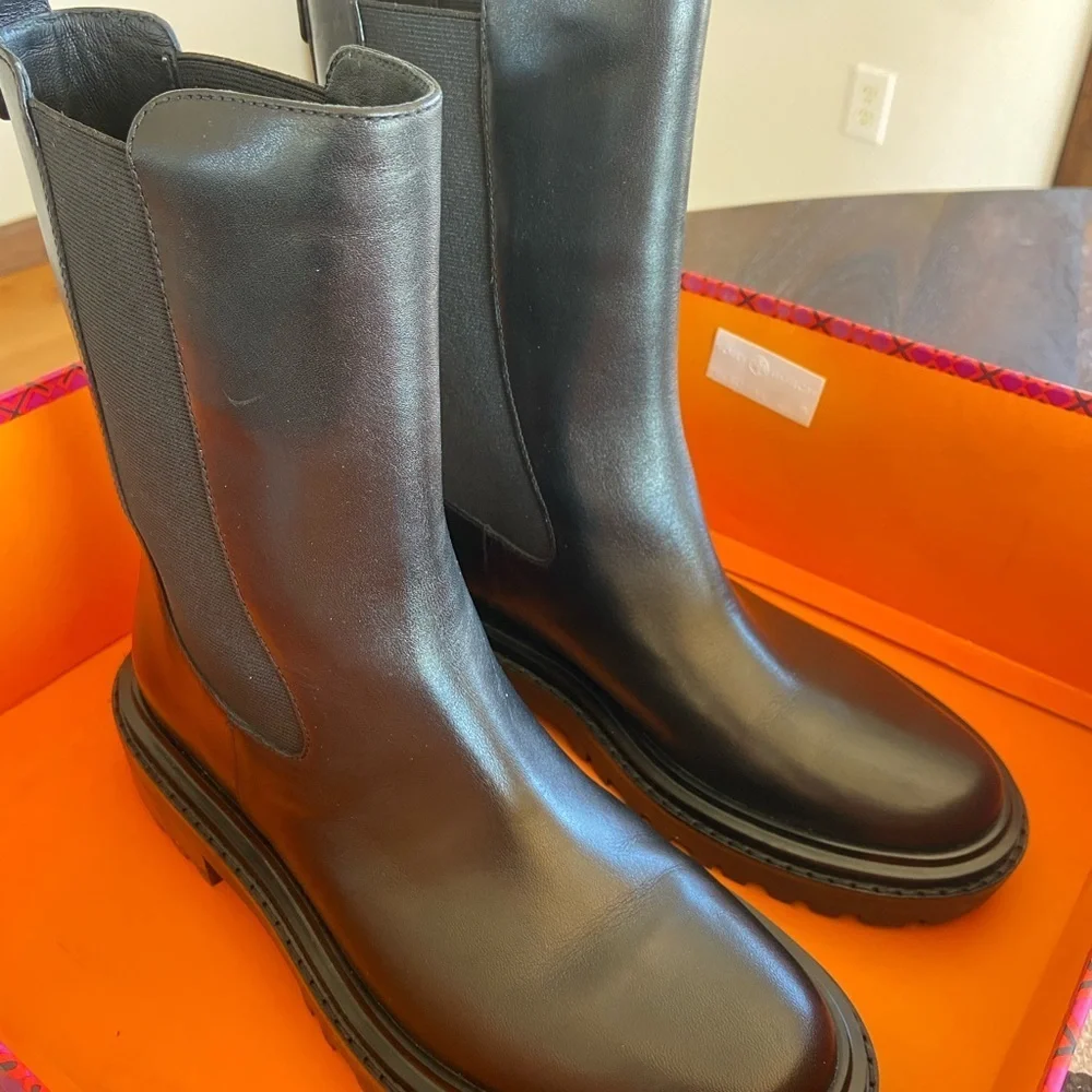 TORY BURCH REVOLVE Black Mid-Calf Leather Boots